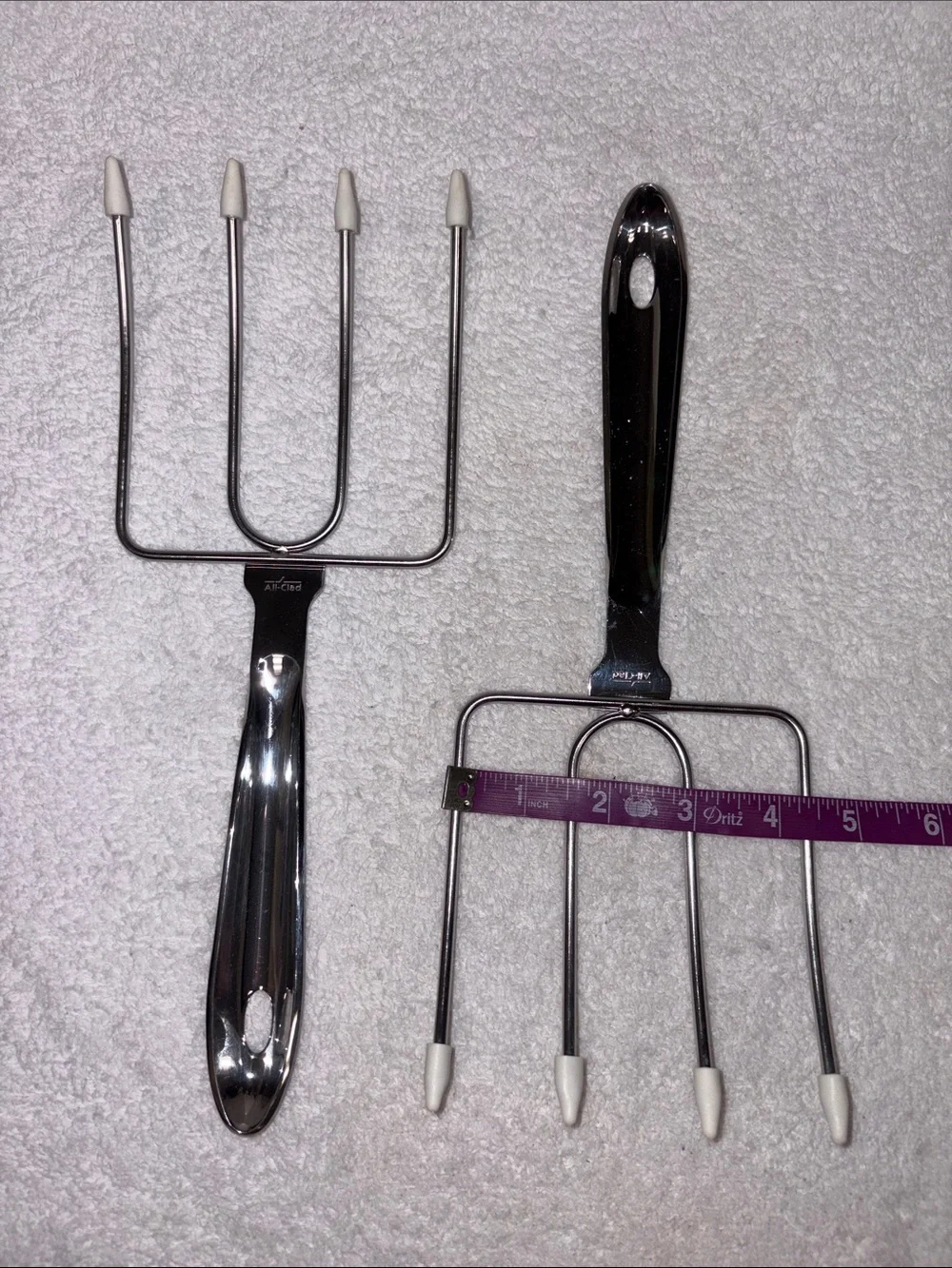 All clad  Stainless turkey lifter forks with White Tip Protectors